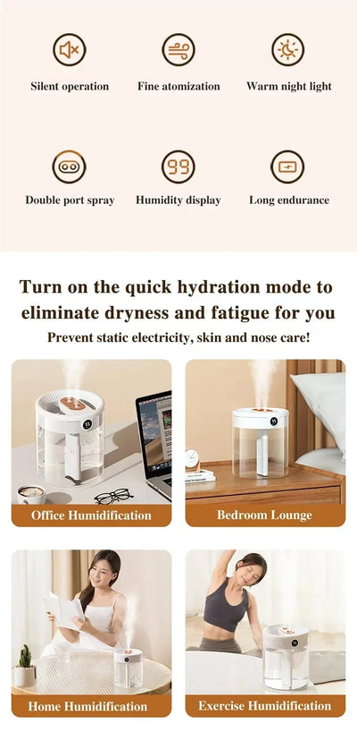 Quiet Dual Spray Humidifier with LED Display - Smarsty