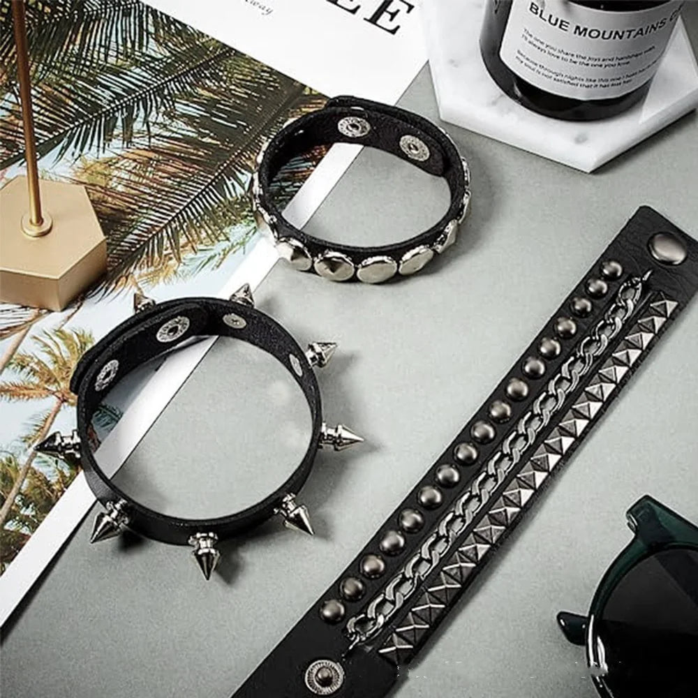 Black Goth Leather Bracelets Set with Spike Rivets - Smarsty