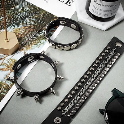 Black Goth Leather Bracelets Set with Spike Rivets - Smarsty