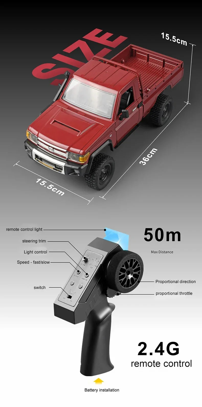 MN82 4WD RC Off-road Vehicle 1/12 LC79 Pickup Climbing Car with LED Lights Full Size Simulation RC Climbing Car Boy Toy Car