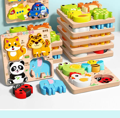 Montessori Cartoon 3D Wooden Puzzle Animal Traffic Jigsaw Toys for Kids Early Learning Educational Cognitive Game Children Gifts by Smarsty