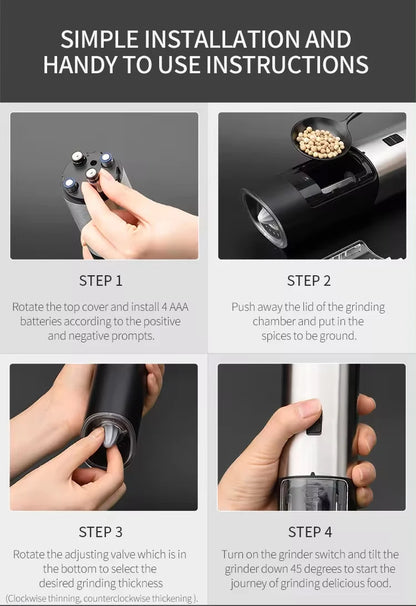 Electric Automatic Salt & Pepper Grinder with Spice Mill Storage Bins Kitchen Adjustable Grinding Tool