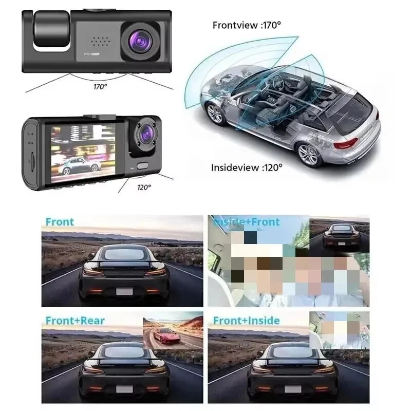 1080P 3 Channel Dash Cam Night Vision Crystal IPS Screen - Smarsty