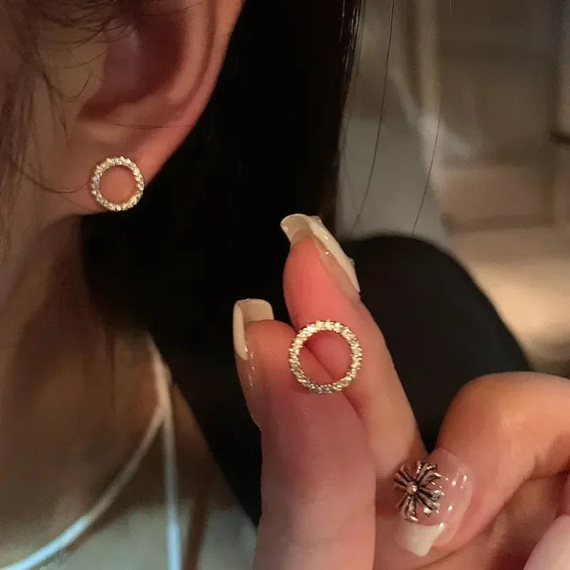 Delicate Gold Crystal Circle Stud Earrings Minimalist - Smarsty