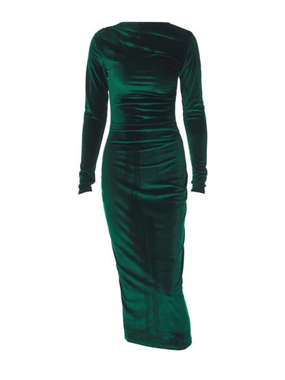 Dulzura 2024 Spring Summer Velvet Long Sleeve Midi Dress For Women Ruched Long Dress Elegant Party Clothes Evening Green Outfits - Smarsty