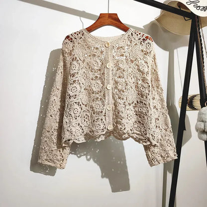 Lace Small Shawl Cotton Cardigan female 2023 spring and summer o neck long sleeve solid casual Versatile Hollow Cardigan Female - Smarsty