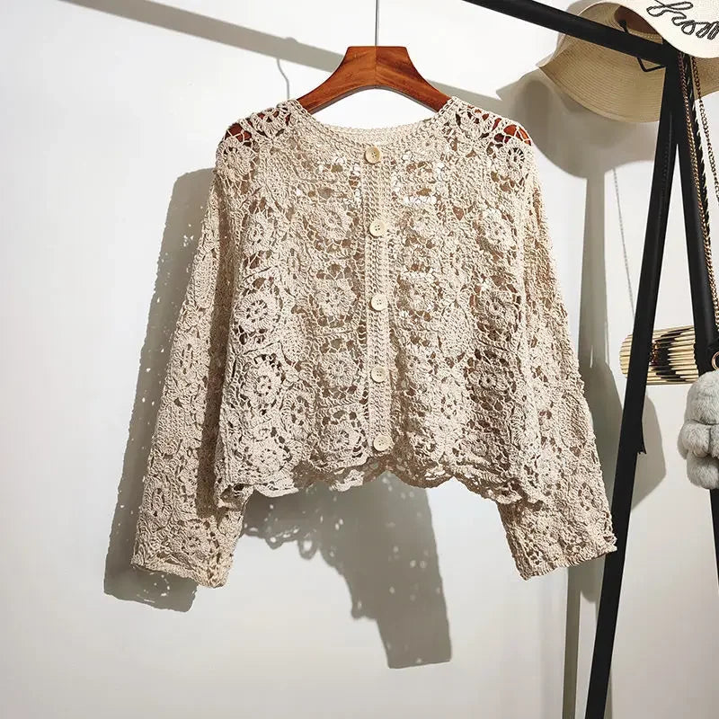 Lace Small Shawl Cotton Cardigan female 2023 spring and summer o neck long sleeve solid casual Versatile Hollow Cardigan Female - Smarsty