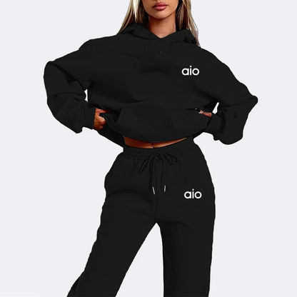 ai Printing High Quality Women Monochrome Hooded Hoodie Set Casual Two-Piece Set New Fashion Hot Selling