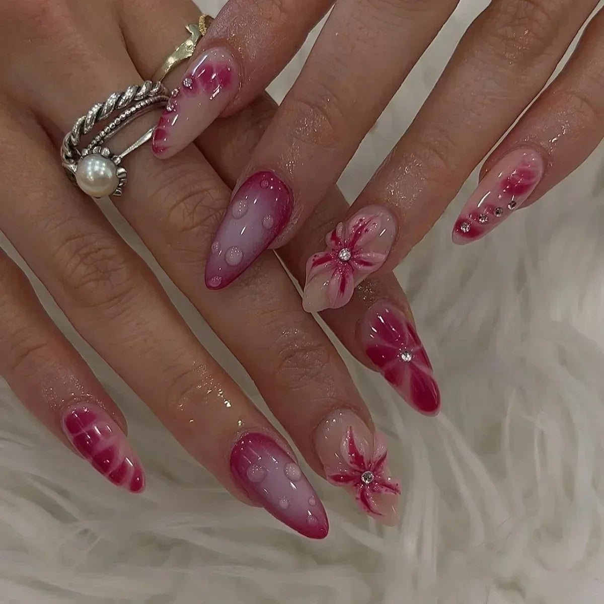 24Pcs Pink Almond False Nails with French Design - Smarsty