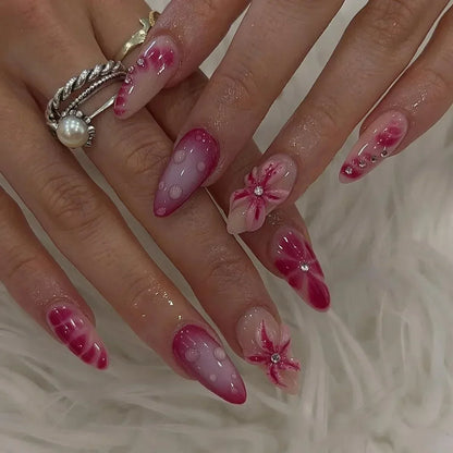 24Pcs Pink Almond False Nails with French Design - Smarsty