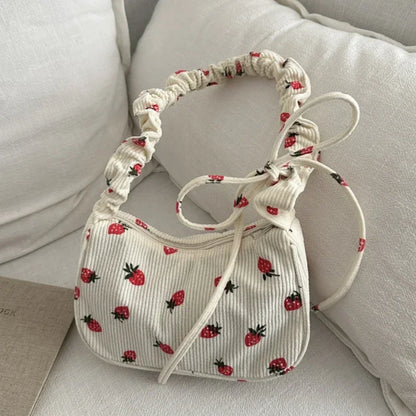 Corduroy Underarm Bag For Women Strawberry Print Mini Tote - Smarsty