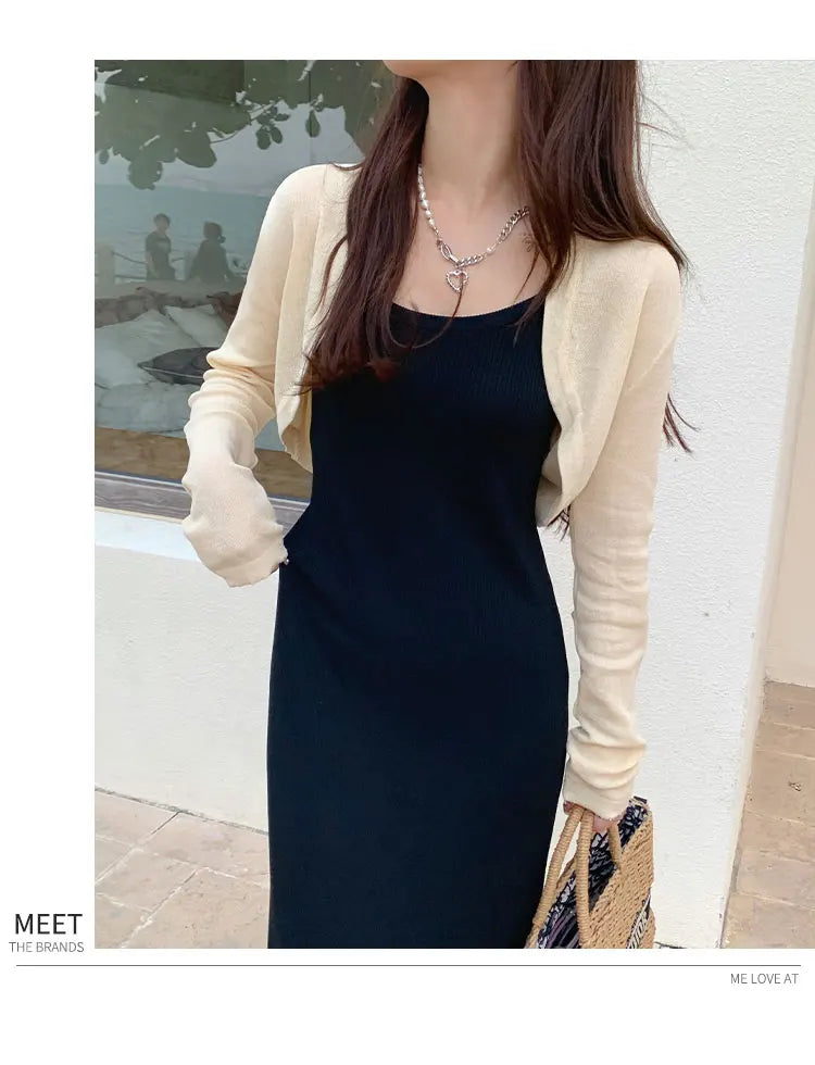 Short Ice Silk Knitted Sun Protection Cardigan Women's Thin Summer Suspender Skirt Layered Gauze Jacket Air-conditioned Cover Up