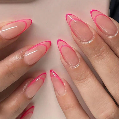 24PCS Medium Pink Black French Tip Press On Nails - Smarsty
