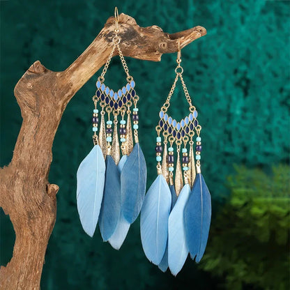 Bohemian Feather Dangle Earrings with Colorful Tassels - Smarsty
