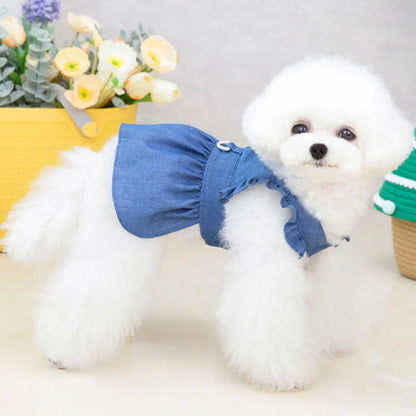 Cute Denim Dress for Small Dogs with Leash Ring - Smarsty