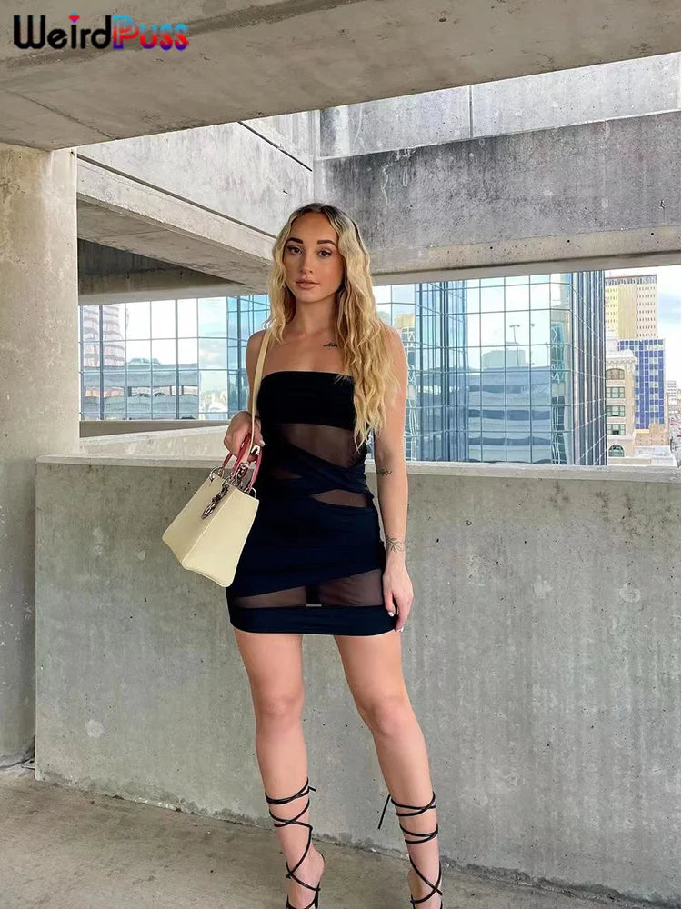 Weird Puss Party Strapless Dress Women Patchwork Mesh Summer Trend Sleeveless Midnight Sexy Hip Mini Bodycon Skinny Clubwear - Smarsty