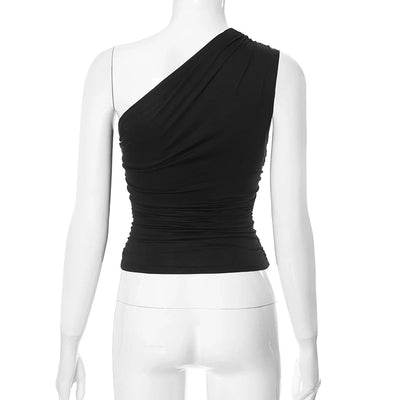 Solid Color One Shoulder Backless Shrink Tank Top T-Shirt Candy Color Tight Sexy Sleeveless Neckless Slim Casaul Top - Smarsty