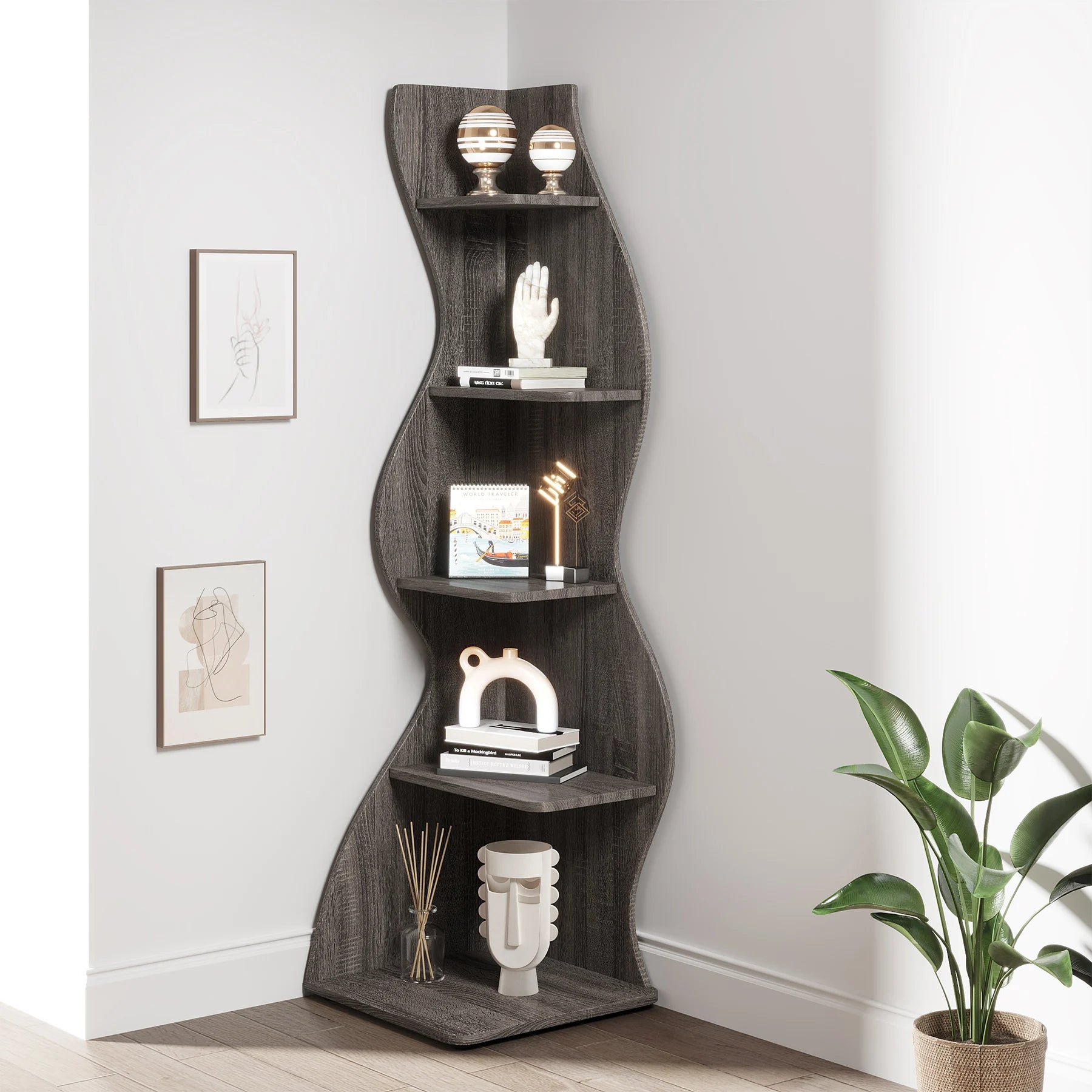 Tribesigns Corner Shelf, Modern 5-Tier Wall Corner Bookshelf, Stylish Corner Small Bookcase Storage Rack Plant Stand