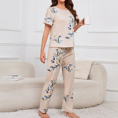 Women's Short Sleeve Crew Neck Top With Shorts And Pants 3 Piece Loungewear Sleepwear Lounge Sets Nighty Print Casual Pajama Set - Smarsty