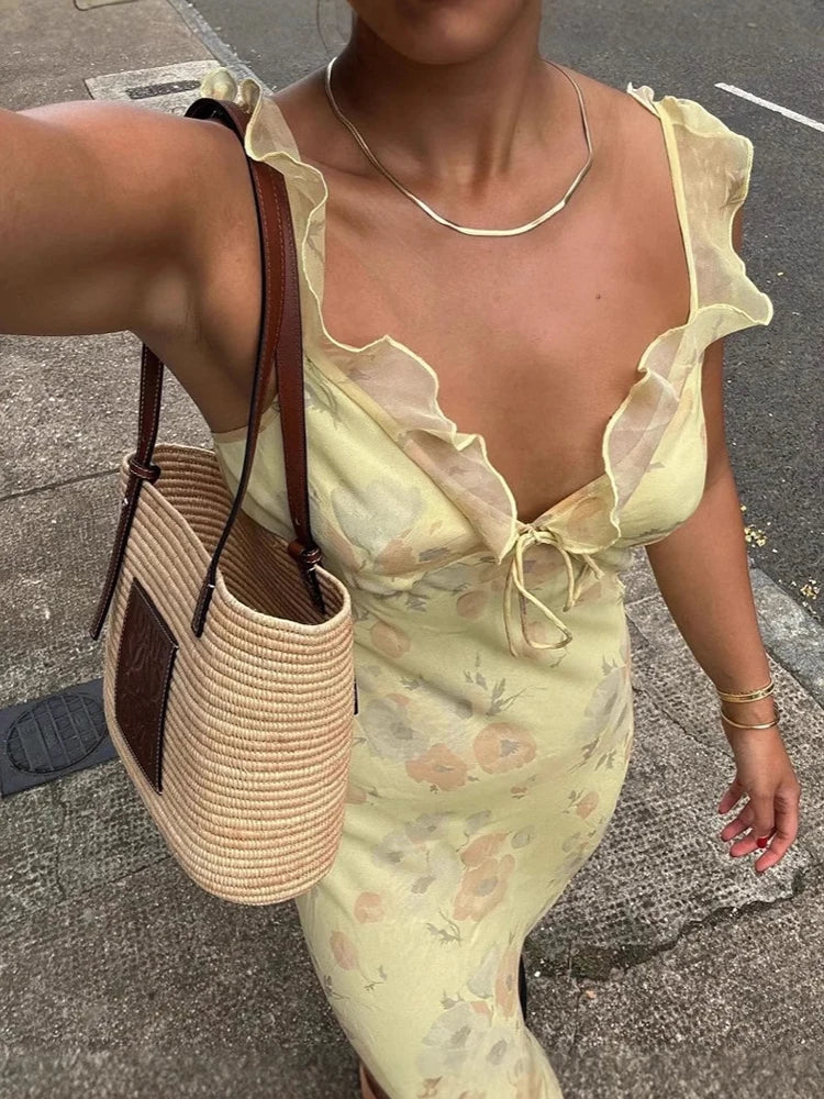 Summer Flower Printed Women's Sexy Low-cut Dress Sleeveless Backless Slim Sling Dresses 2025 Beach Vacation Lady Vestidos