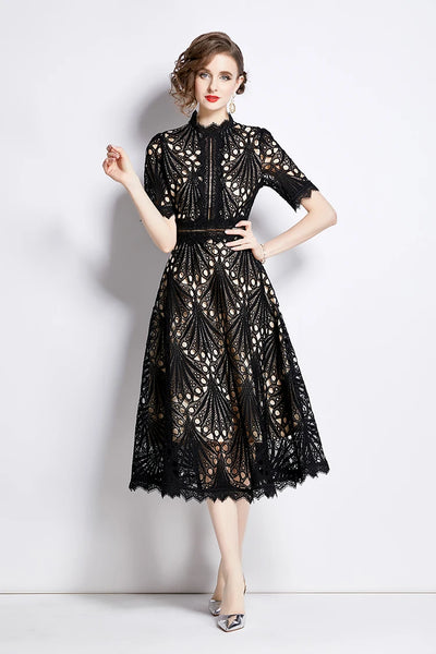 H Han Queen Spring New Elegant Casual Work Party Dresses Floral Crochet Hollow Out Lace Patchwork Casual Office Midi Dress - Smarsty