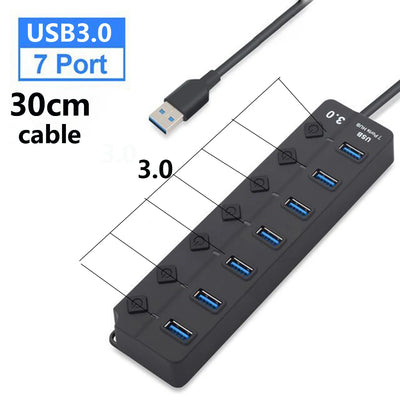 USB 3.0 Hub 7 Port High Speed Powered Switch Cable - Smarsty