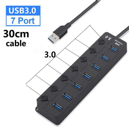 USB 3.0 Hub 7 Port High Speed Powered Switch Cable