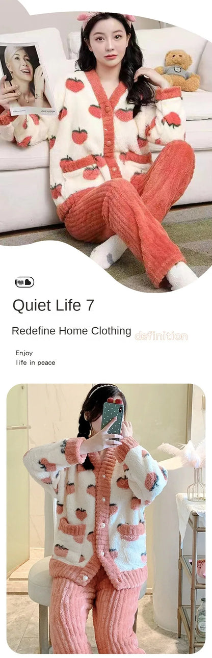 Padded and Thickened Warm Flannel Women Pajamas Loungewear Winter Peach Sleepwear Homewear Coral Velvet Two-Piece Set Nightwear - Smarsty