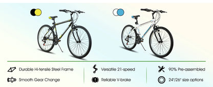 Hiland 24 26 inch Mountain Bike for Men Women, 21 Speeds High-Carbon Steel Frame, Sport Cycling MTB Bicycle for Adult