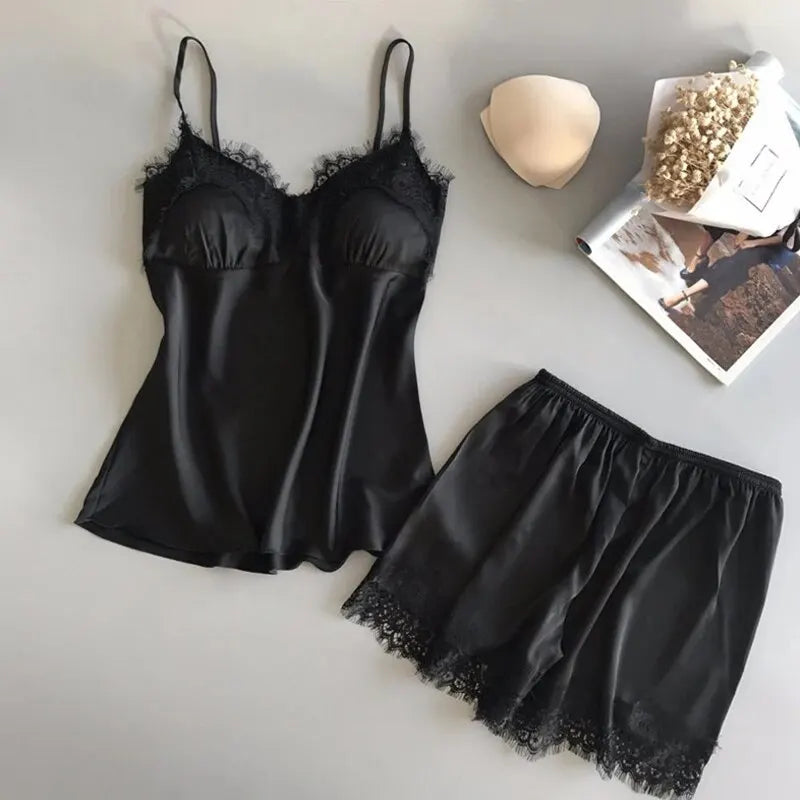 Women Pajama Suit Fashion V-Neck Lace Sexy Lingerie Pyjamas Sleep Shorts Set Sleepwear New - Smarsty
