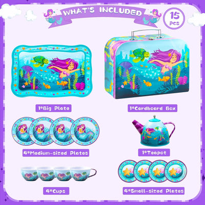 Joyfy Kid Tea Set Mermaid Tea Party Set Princess Pretend Play Tin Teapot Set Kitchen Toy for Girls Toddlers 2 3 4 5 6 Years Old - Smarsty