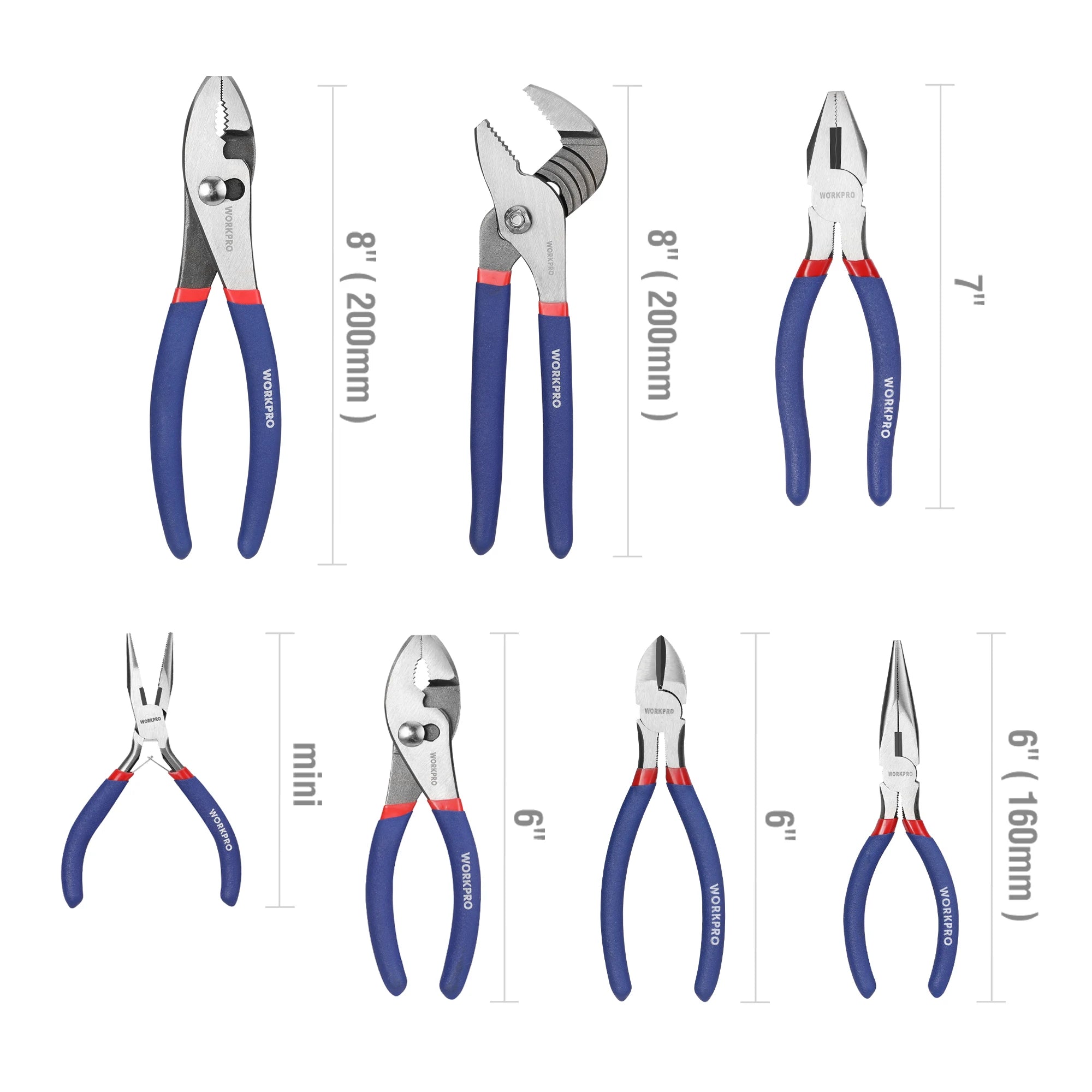 WORKPRO 7-piece  Pliers Set with Groove Joint, Long Nose, Slip Joint, Linesman and Diagonal Pliers for DIY