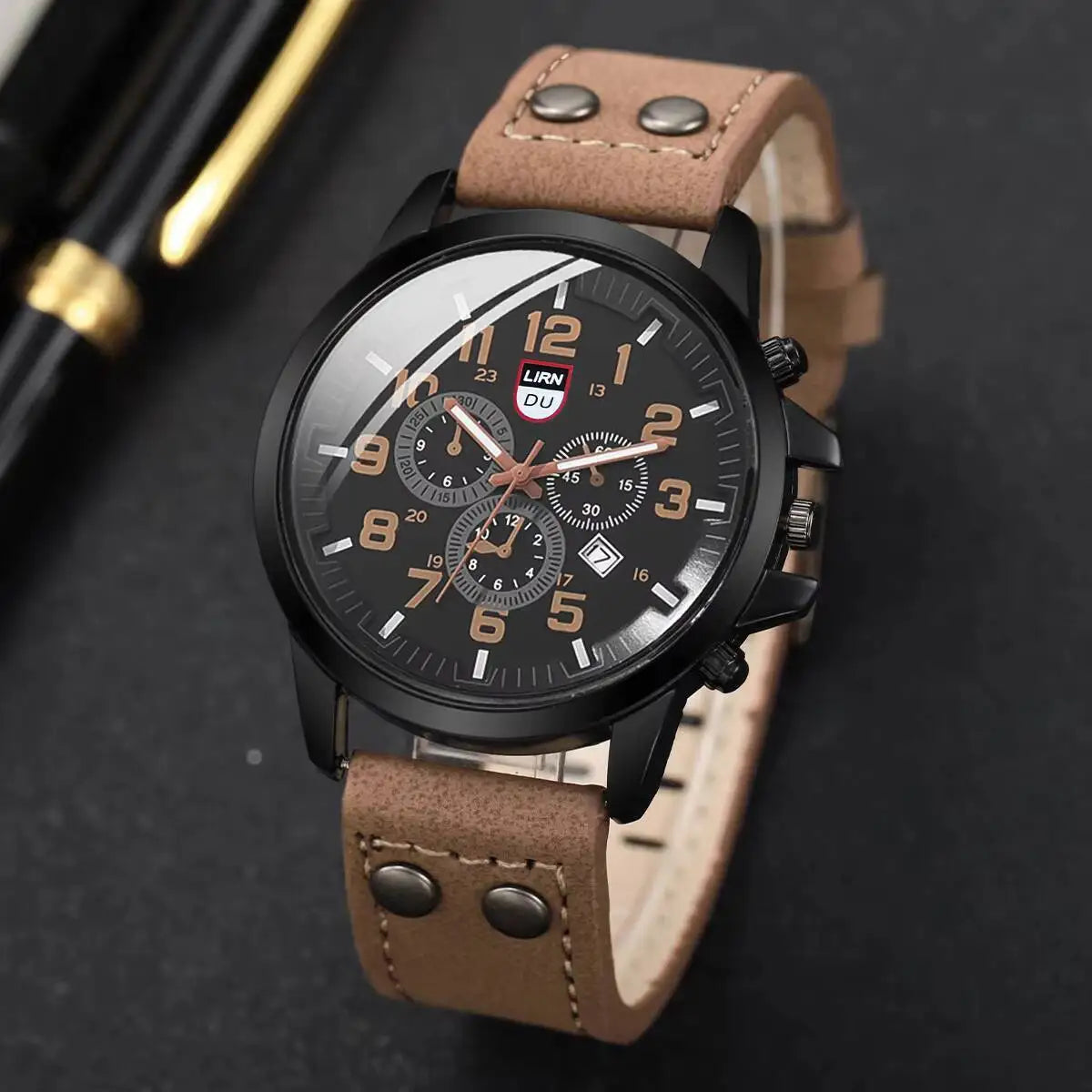 Men's Casual Leather Strap Quartz Sports Watch - Smarsty