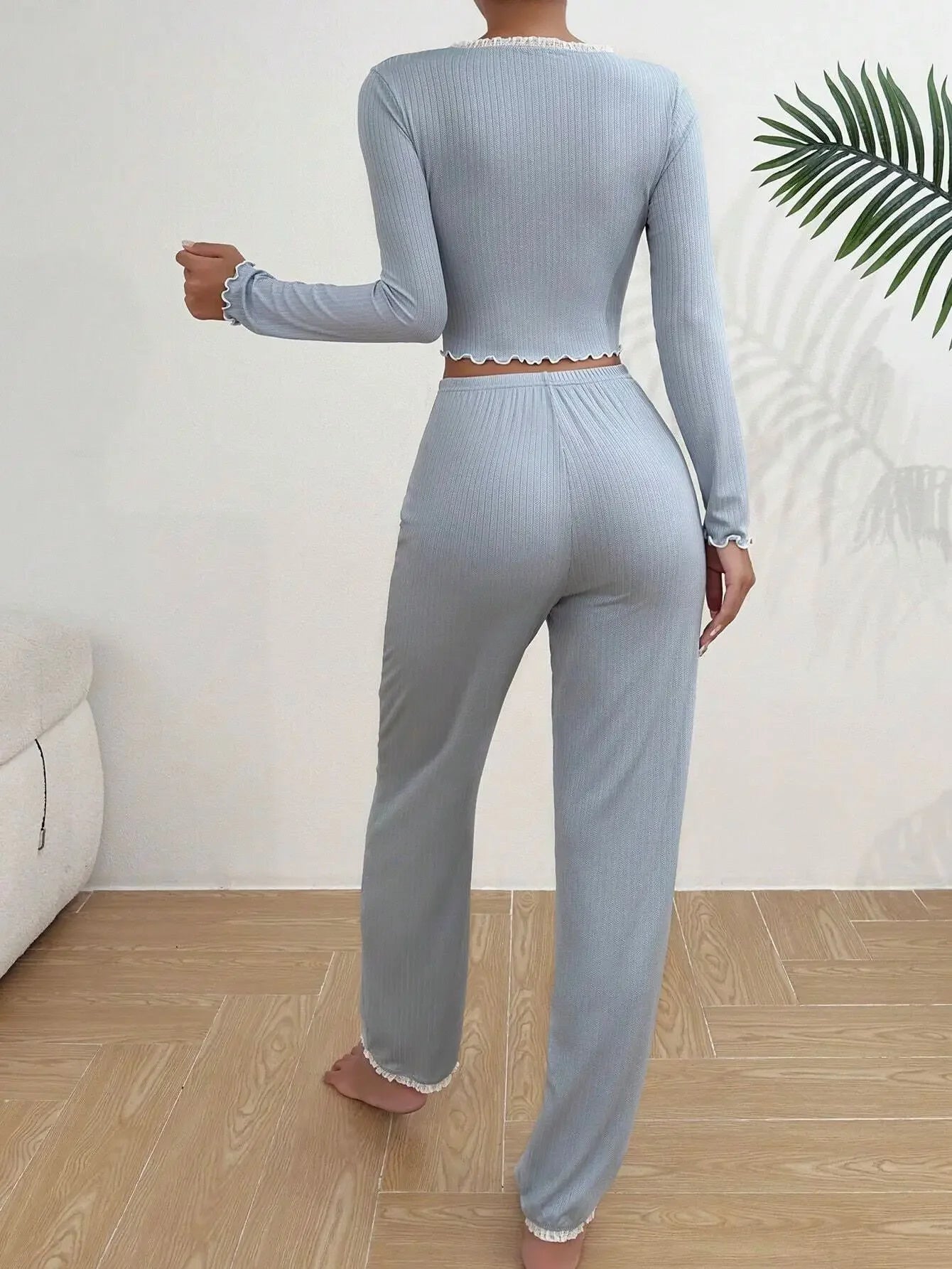 2024 Autumn Winter Homewear Pajamas Set for Women Long Sleeves Shirt Trousers 2 Pieces Sexy Lace Pijamas Sleepwear Loungewear - Smarsty