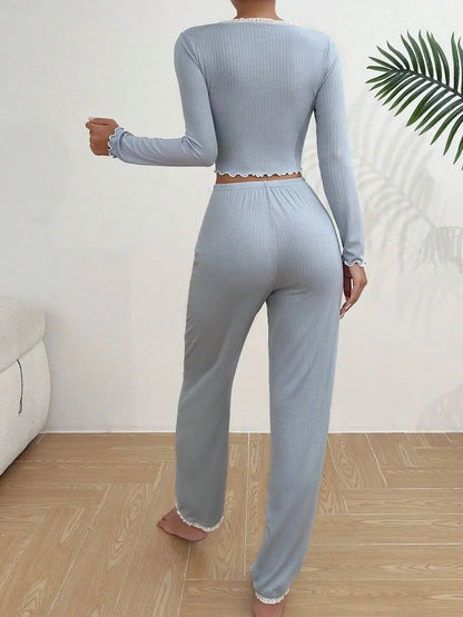 2024 Autumn Winter Homewear Pajamas Set for Women Long Sleeves Shirt Trousers 2 Pieces Sexy Lace Pijamas Sleepwear Loungewear - Smarsty