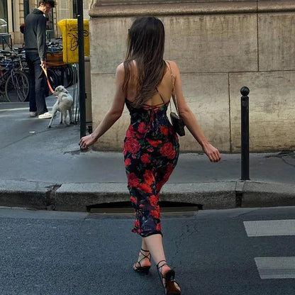 Flowers Print Spaghetti Strap Dresses Women Temperament Package Hip Bodycon Long Dress Fashion Sexy Backless Lady Slim Vestidos