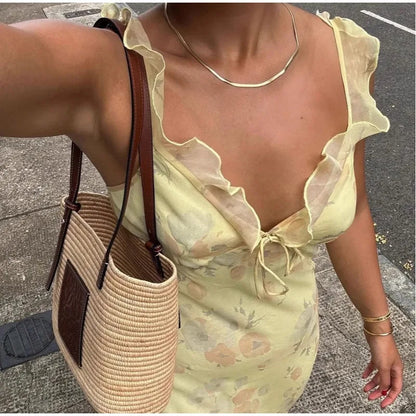 Summer Flower Printed Women's Sexy Low-cut Dress Sleeveless Backless Slim Sling Dresses 2025 Beach Vacation Lady Vestidos