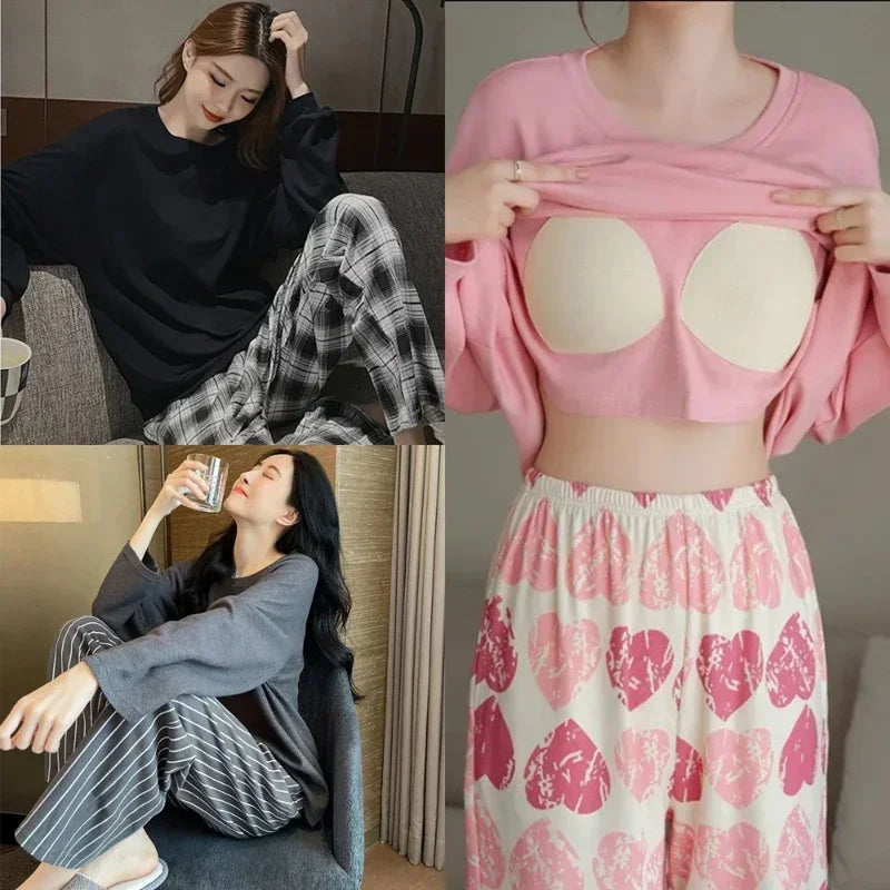 2PCS/Set Women Big Size with Chest Pads Pajamas Spring Autumn and Winter Long-Sleeved Headset Loose Homewear Can Be Worn Outside - Smarsty