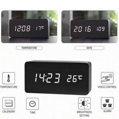 Wooden Digital Alarm Clock with Temperature Display - Smarsty