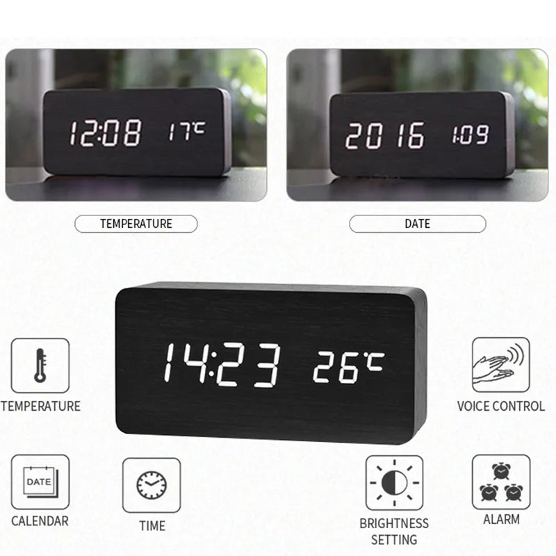 Wooden Digital Alarm Clock with Temperature Display - Smarsty