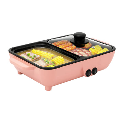 2-in-1 Electric Hot Pot with Griddle Tabletop Non-stick Pan Vegetable Grill Cooker BBQ Shabu Pot Household Noodles Cooking Pot