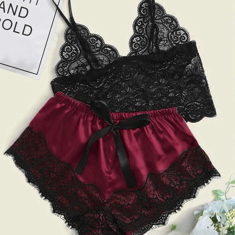 Pajama Sets Sexy Pajamas for Women 2 Pieces Top Shorts Set Sleepwear Clothes Lace Pajamas Underwear Lingerie - Smarsty