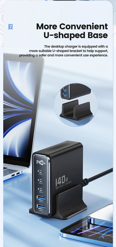 GaN USB Charger 140W 5in1 Desktop with LED Display Ports - Smarsty