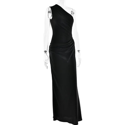 JULISSA MO Patchwork Satin Sexy One Shoulder Women Maxi Dress Brown Sleeveless Evening Dress Summer Slim Elegant Party Clubwear - Smarsty