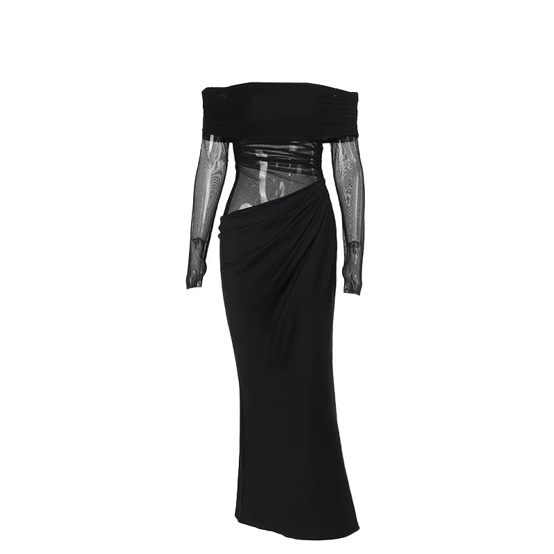 Y2k Summer New Solid Color Long Sleeve Off Shoulder Dresses Sexy Wrap Hip Mesh See Through Ruched Patchwork Long Dress 2024 New - Smarsty