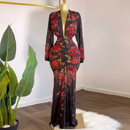 CM.YAYA Women Full Sleeve Floral Print V-neck Elegant Long Dress Ruched Holiday Birthday Evening Sexy Party Dresses Vestidos