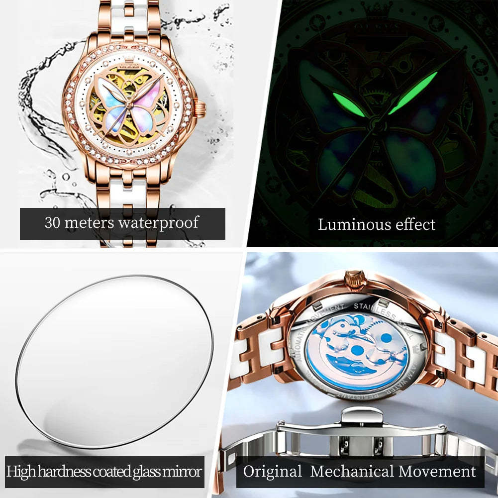 OLEVS 6615 Womens Watch Original Bezel Ceramic Mechanical Automatic Wristwatch Waterproof Luminous Ladies Watch Butterfly Dial - Smarsty