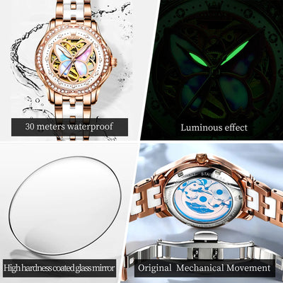 OLEVS 6615 Womens Watch Original Bezel Ceramic Mechanical Automatic Wristwatch Waterproof Luminous Ladies Watch Butterfly Dial - Smarsty