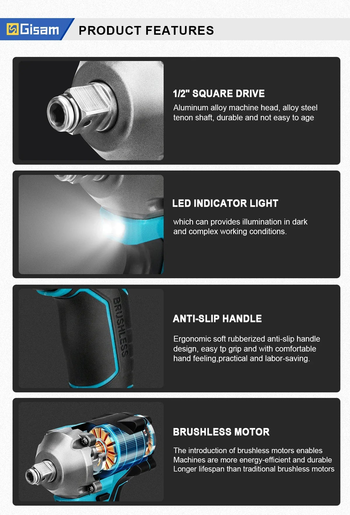 Gisam 1000NM Brushless Electric Impact Wrench Power Tool - Smarsty
