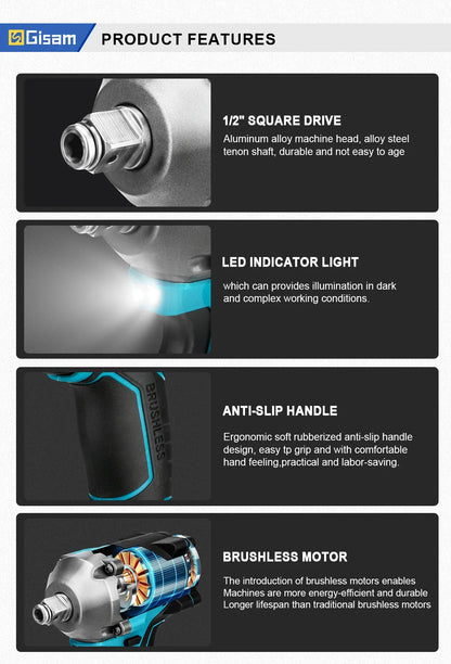 Gisam 1000NM Brushless Electric Impact Wrench Power Tool - Smarsty